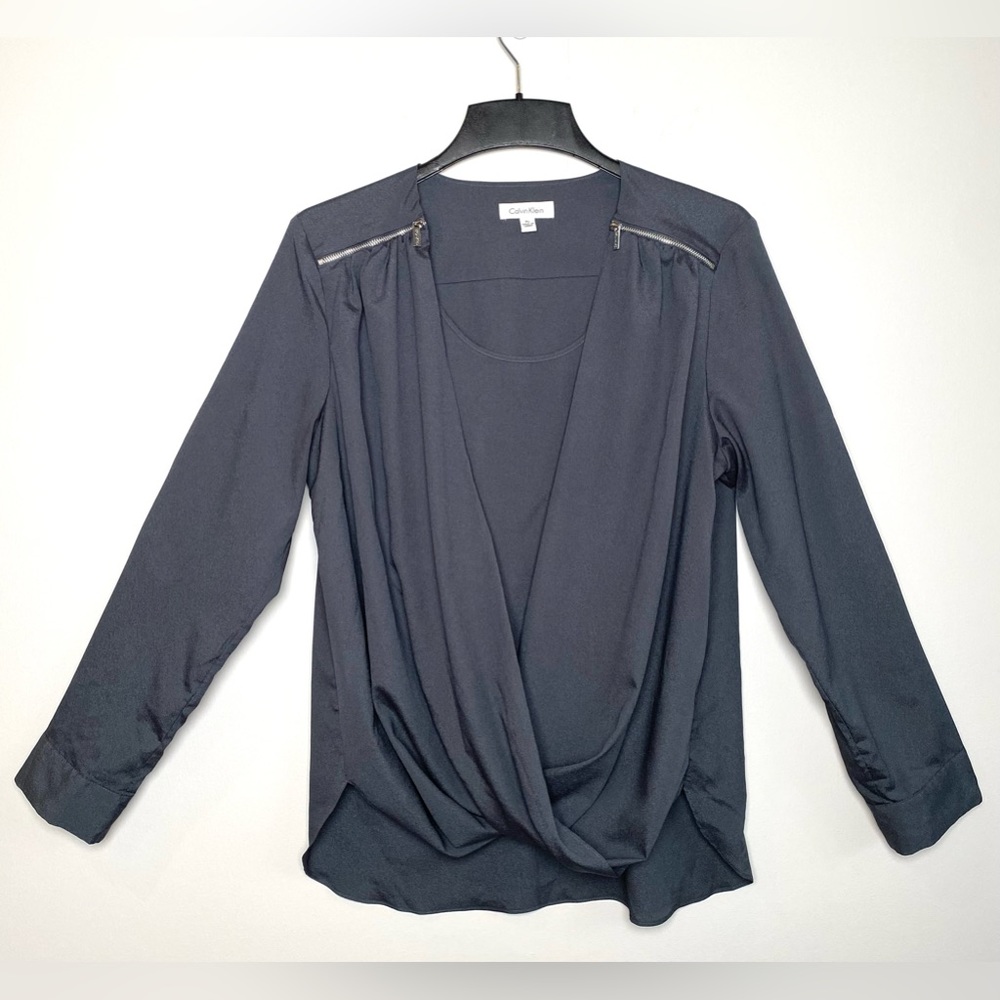 Calvin Klein Gray Drape Front Blouse Shoulder Zippers Long Sleeve Size XL